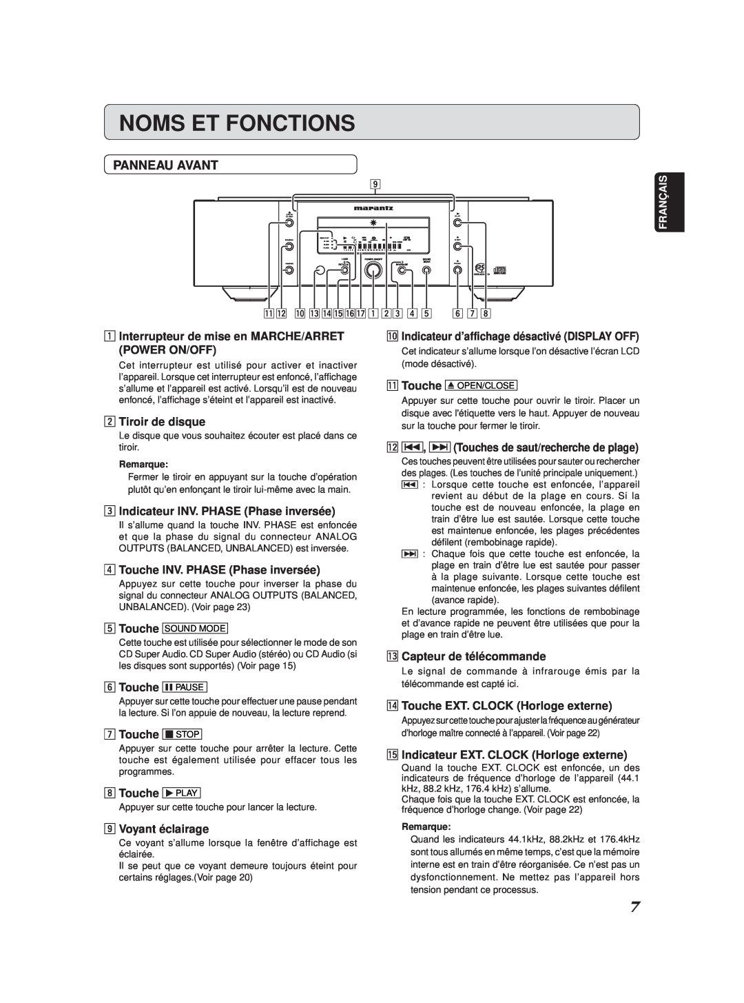 Marantz SA-11S2 manual Noms Et Fonctions, Panneau Avant 