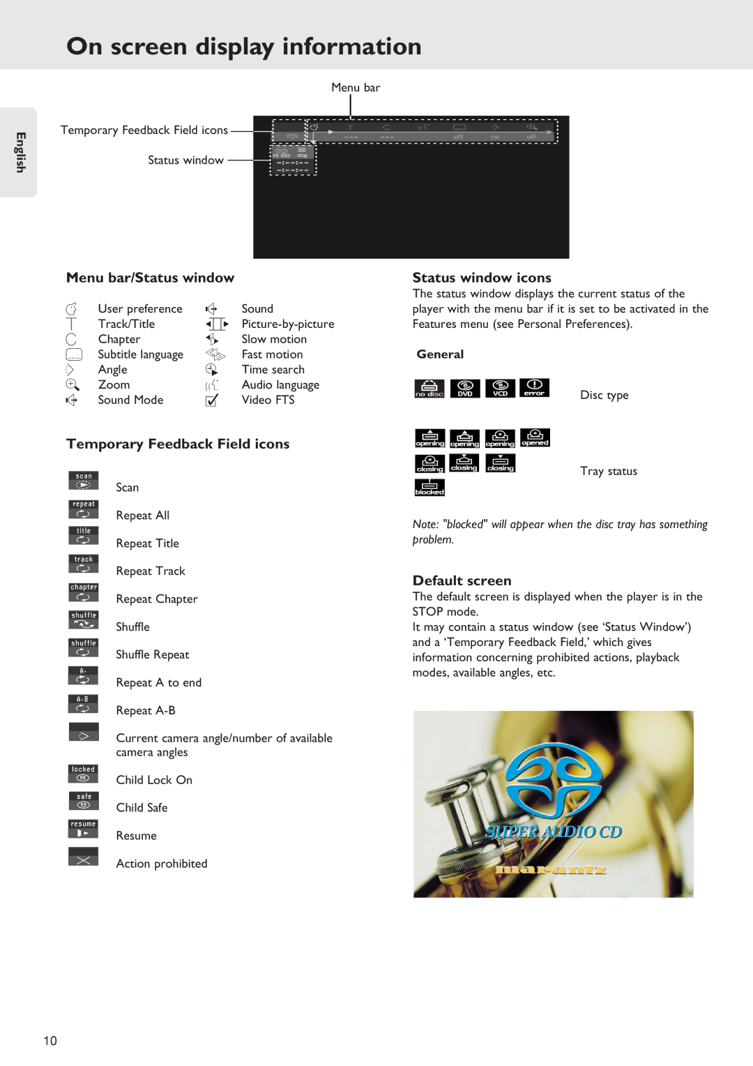 Marantz SA-12S1 On screen display information, Menu bar/Status window Status window icons, Temporary Feedback Field icons 