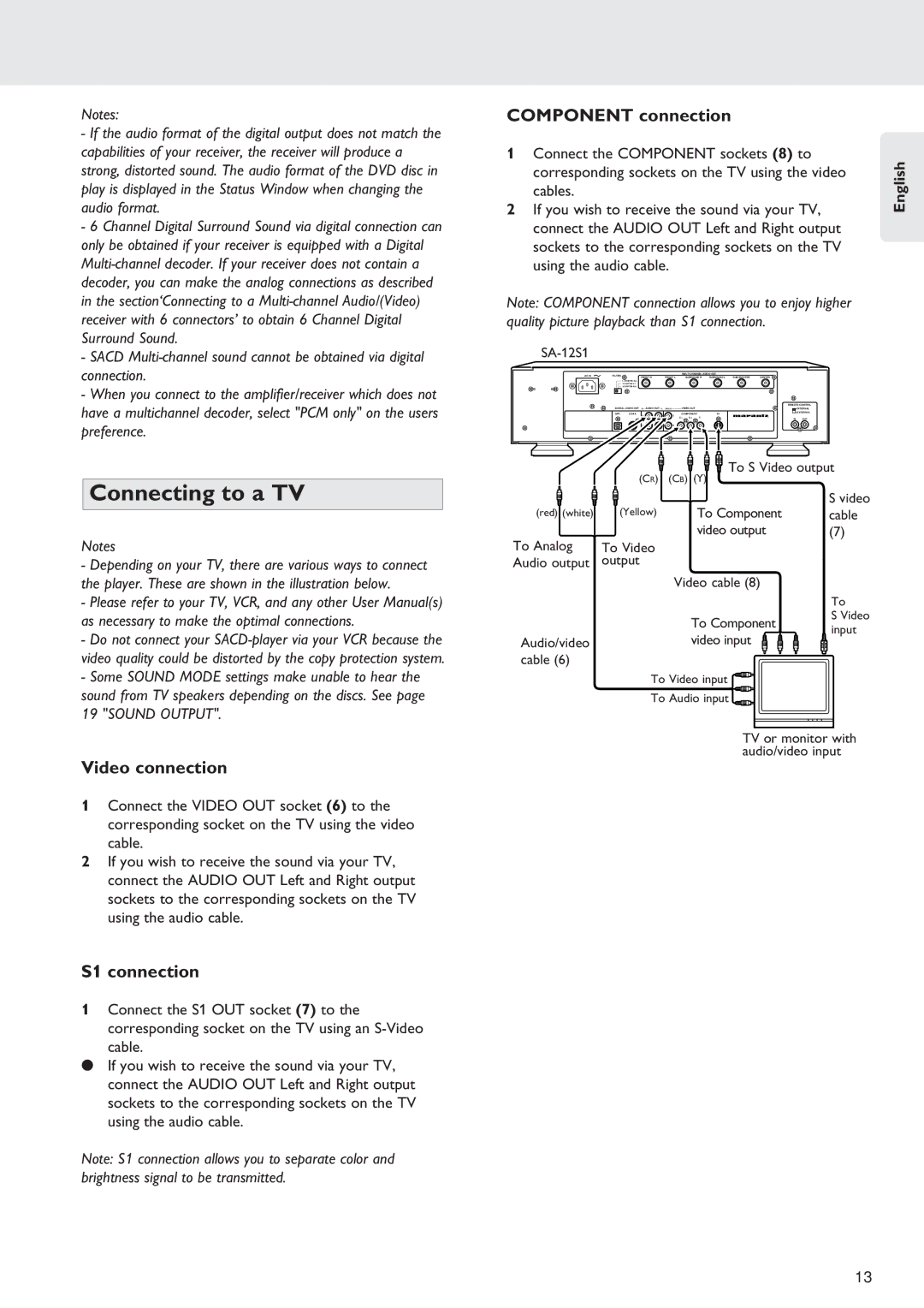 Marantz SA-12S1 manual Connecting to a TV, Component connection, Video connection, S1 connection 