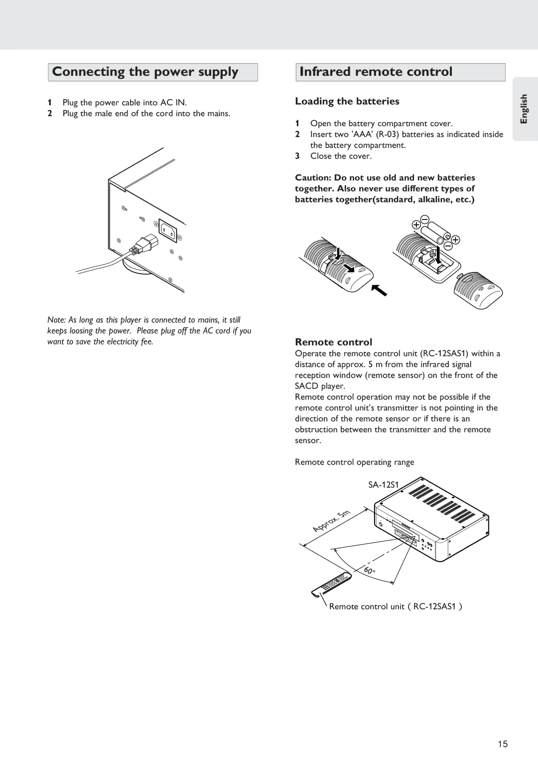 Marantz SA-12S1 manual Connecting the power supply, Infrared remote control, Loading the batteries, Remote control 