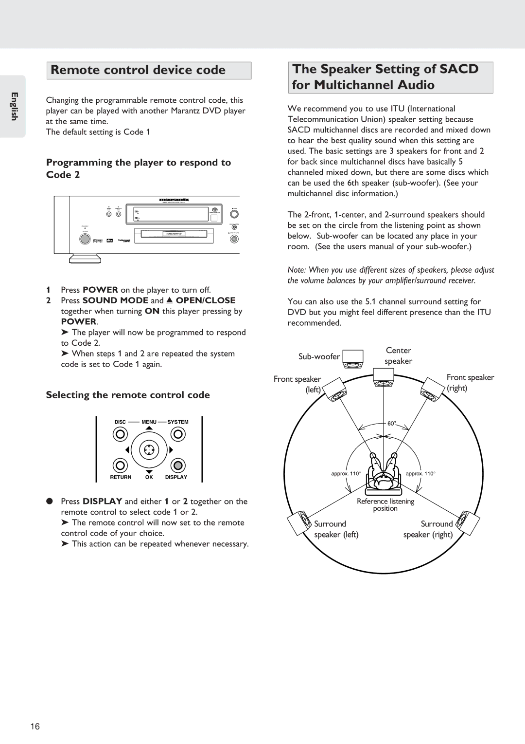 Marantz SA-12S1 manual Remote control device code, Speaker Setting of Sacd for Multichannel Audio 