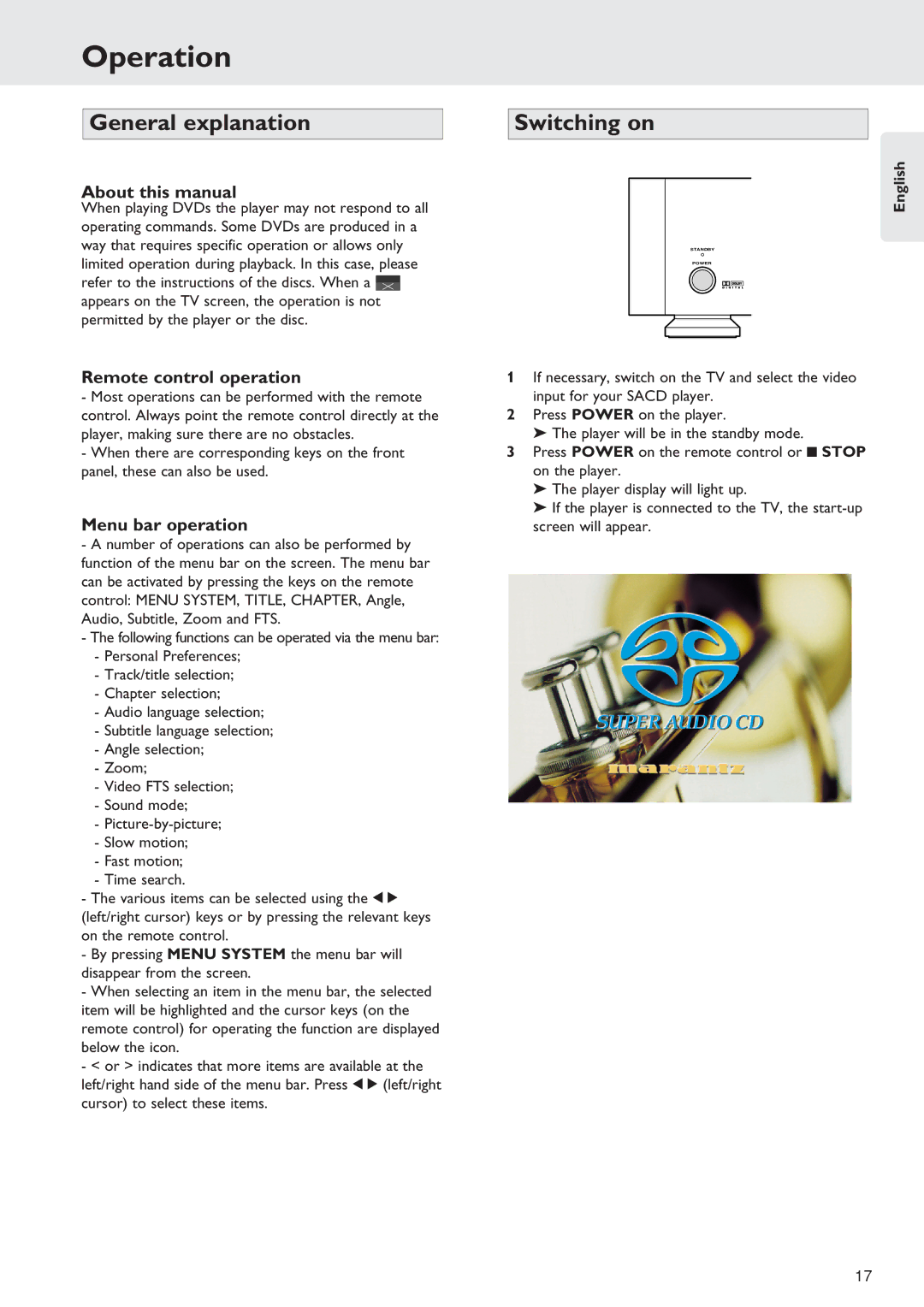 Marantz SA-12S1 manual Operation, General explanation, Switching on 