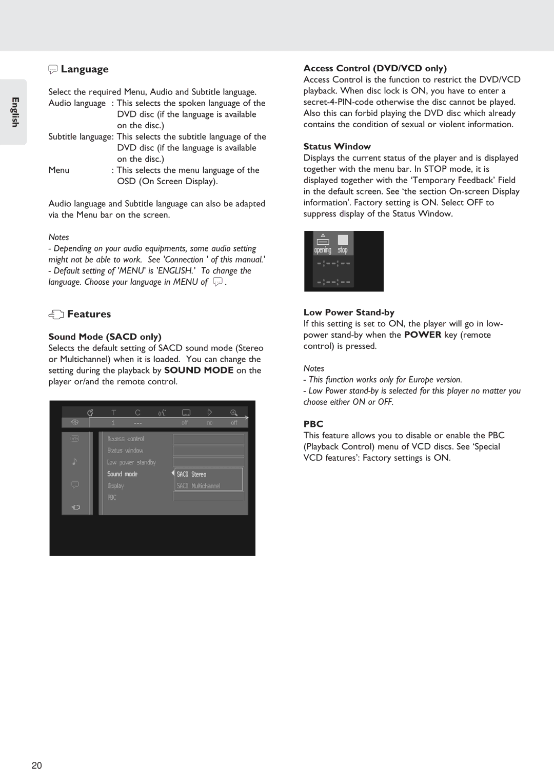 Marantz SA-12S1 manual Language, Features 