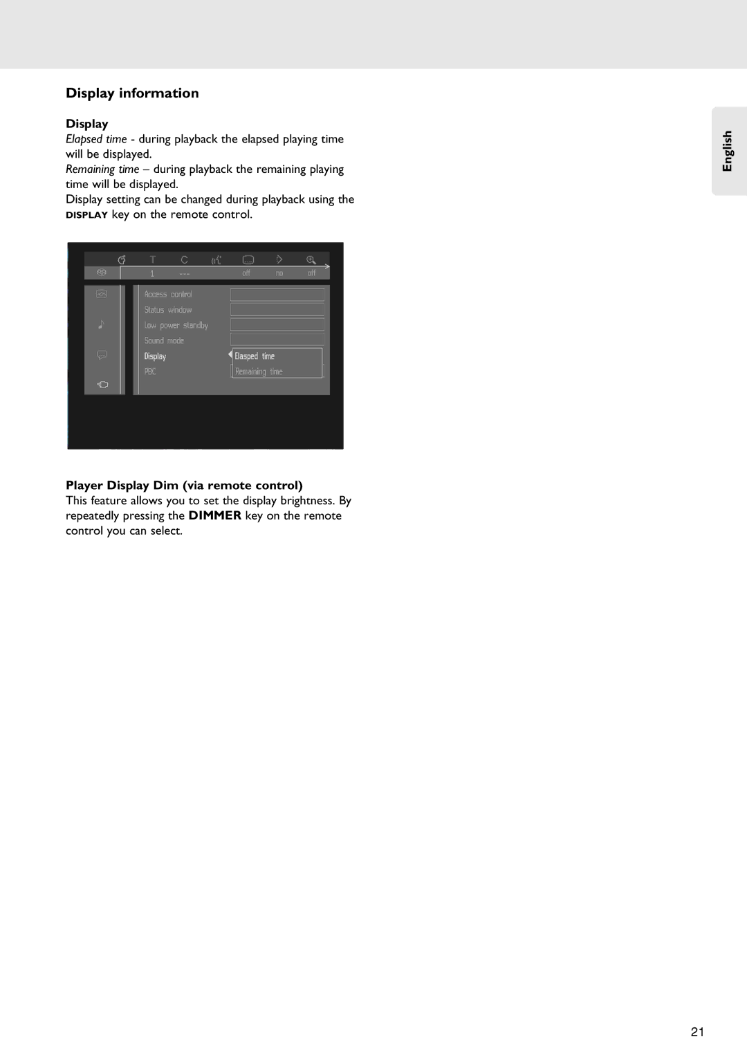 Marantz SA-12S1 manual Display information, Player Display Dim via remote control 