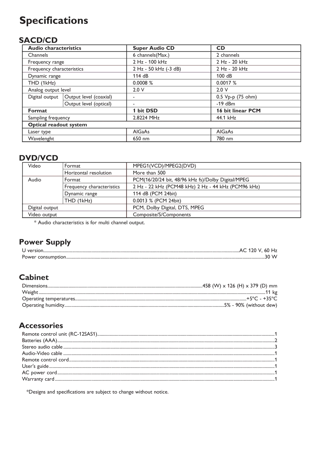 Marantz SA-12S1 manual Specifications, Power Supply, Cabinet, Accessories 