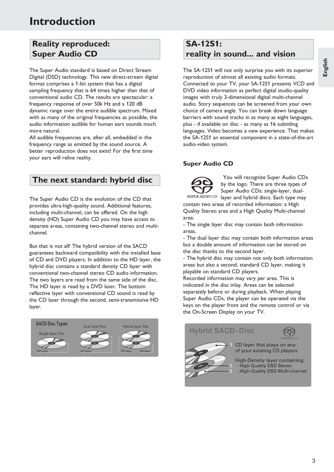 Marantz SA-12S1 manual Introduction, Reality reproduced Super Audio CD, Next standard hybrid disc 