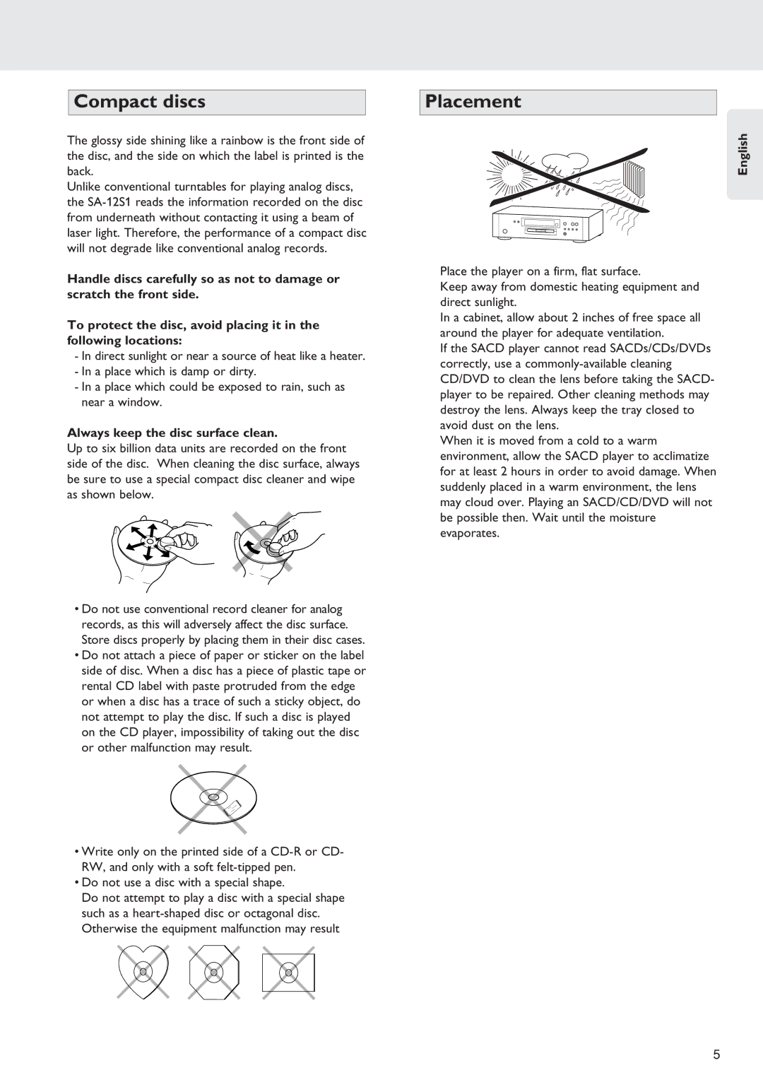 Marantz SA-12S1 manual Compact discs, Placement, Always keep the disc surface clean 