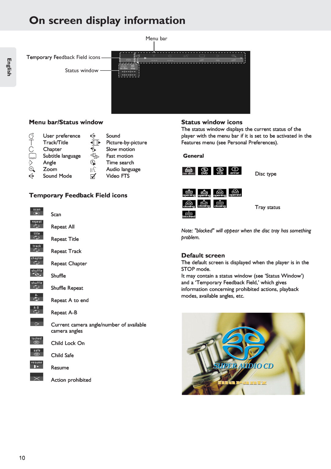 Marantz SA-12S1 On screen display information, Menu bar/Status window, Status window icons, Temporary Feedback Field icons 