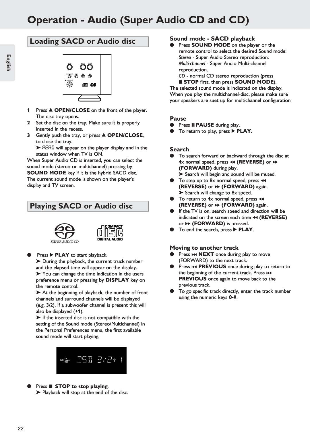 Marantz SA-12S1 Operation - Audio Super Audio CD and CD, Loading SACD or Audio disc, Playing SACD or Audio disc, English 