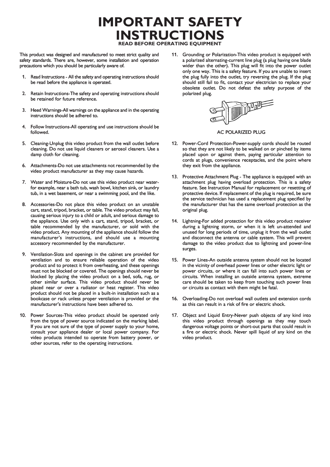 Marantz SA-12S1 manual Important Safety Instructions, Read Before Operating Equipment 