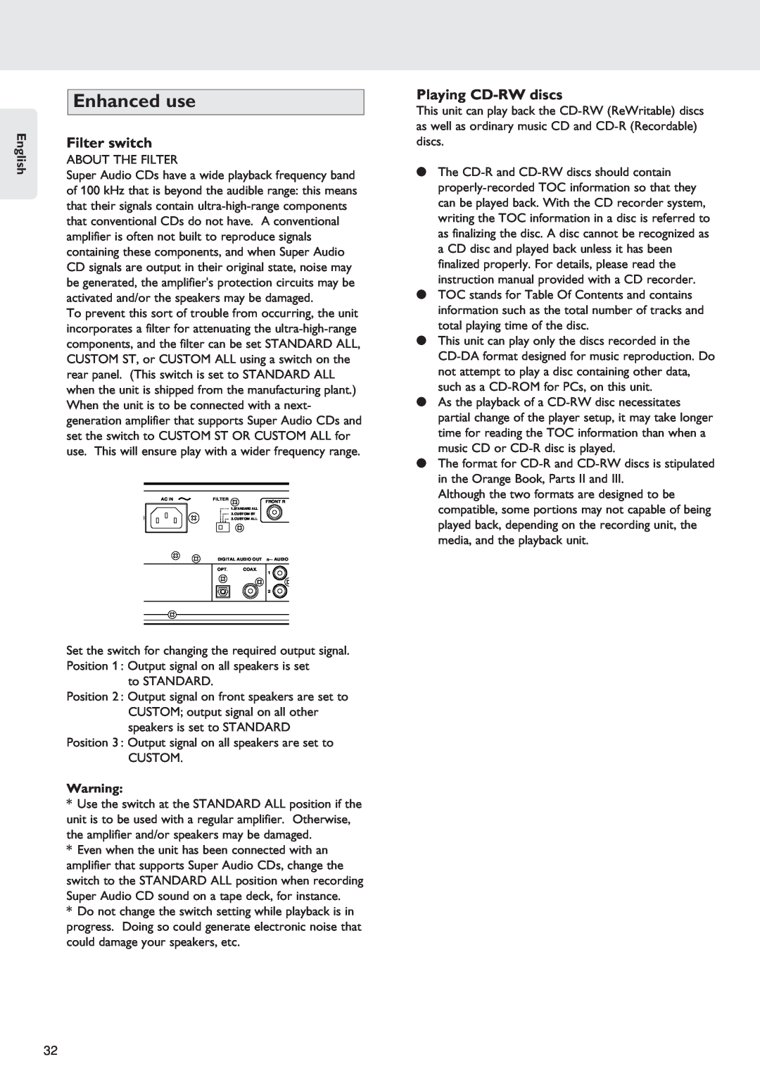 Marantz SA-12S1 manual Enhanced use, Filter switch, Playing CD-RWdiscs, English 