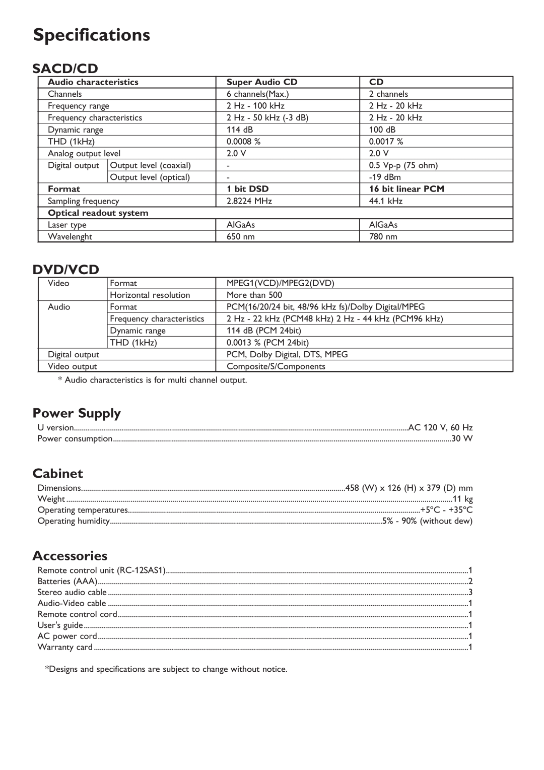 Marantz SA-12S1 manual Specifications, Sacd/Cd, Dvd/Vcd, Power Supply, Cabinet, Accessories, Audio characteristics, Format 