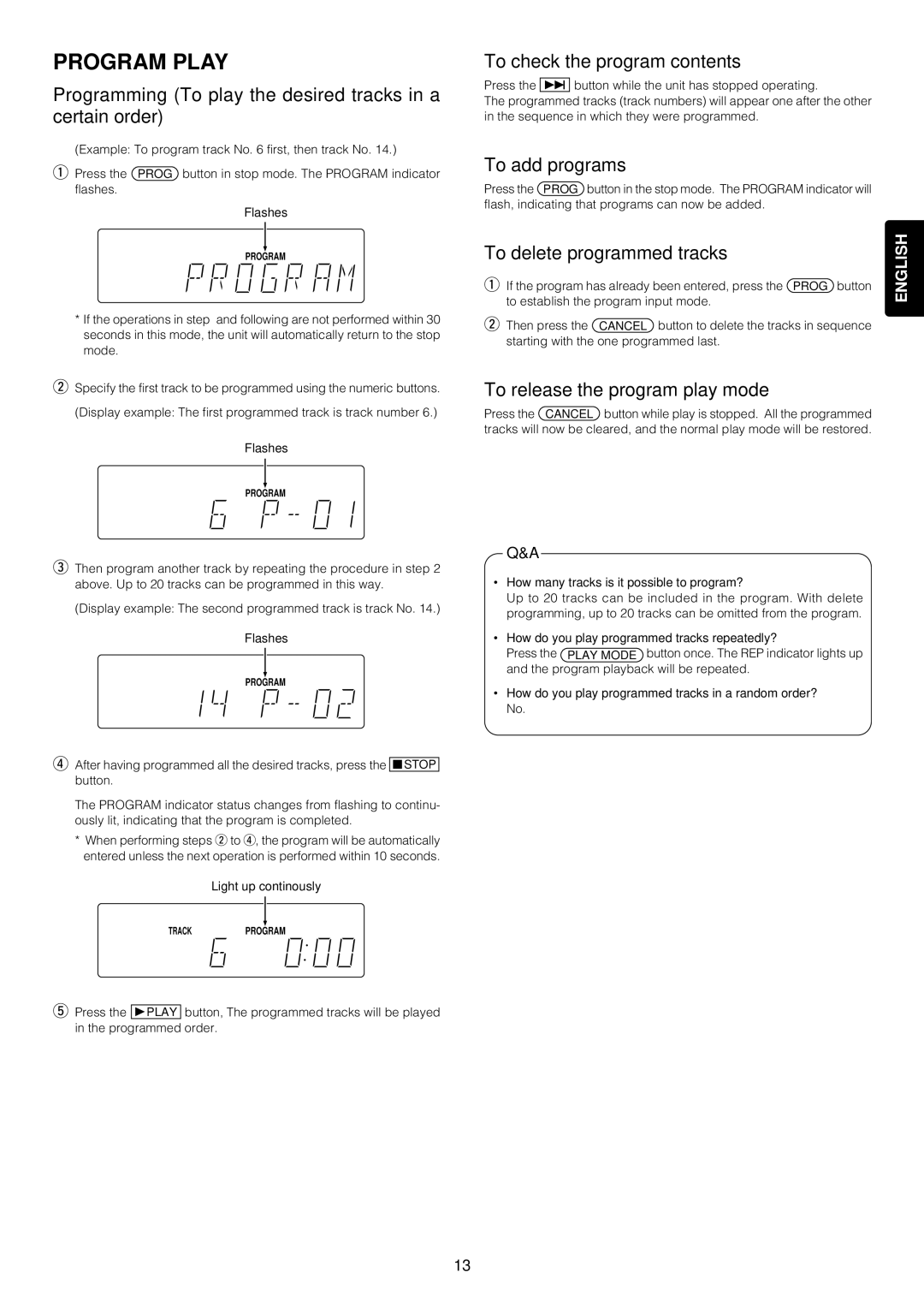 Marantz SA-14 manual Program Play, Programming To play the desired tracks in a certain order 