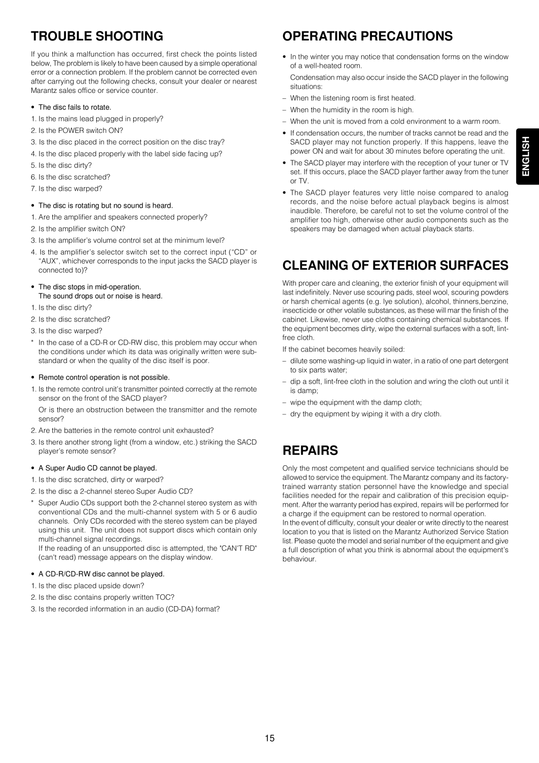 Marantz SA-14 manual Trouble Shooting, Operating Precautions, Cleaning of Exterior Surfaces, Repairs 