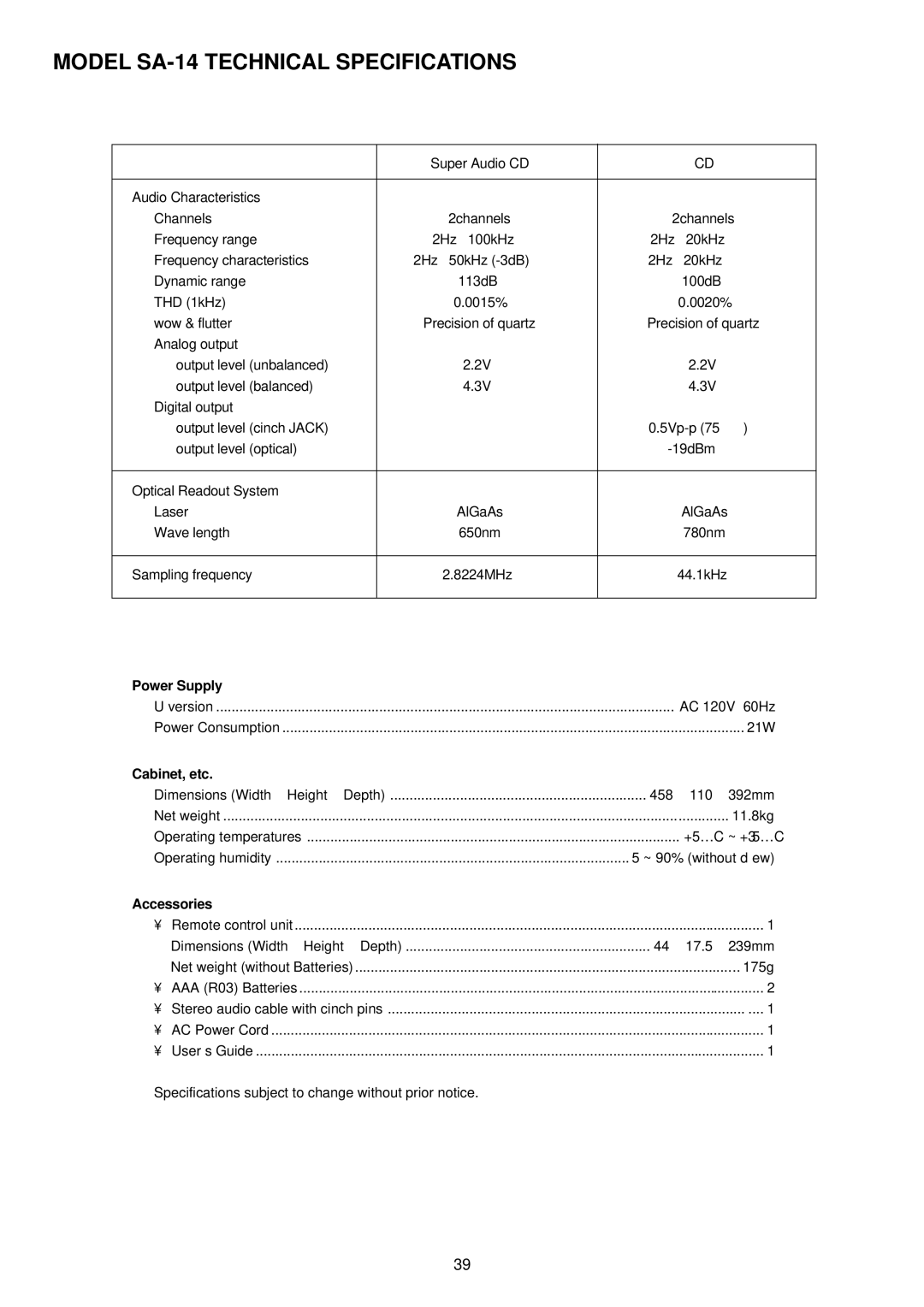 Marantz manual Model SA-14 Technical Specifications, Power Supply, Cabinet, etc, Accessories 