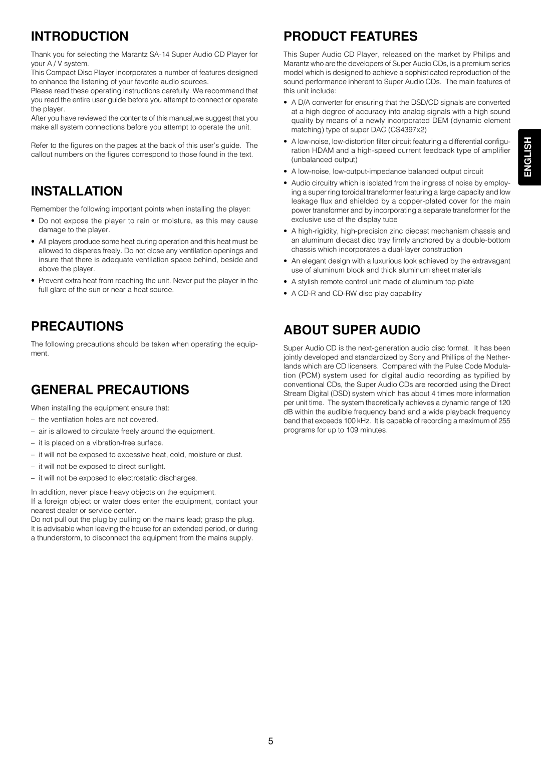 Marantz SA-14 manual Introduction, Installation, Product Features, General Precautions, About Super Audio 