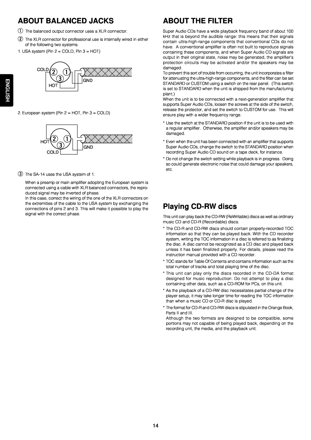 Marantz SA-14 manual About Balanced Jacks, About The Filter, Playing CD-RWdiscs 