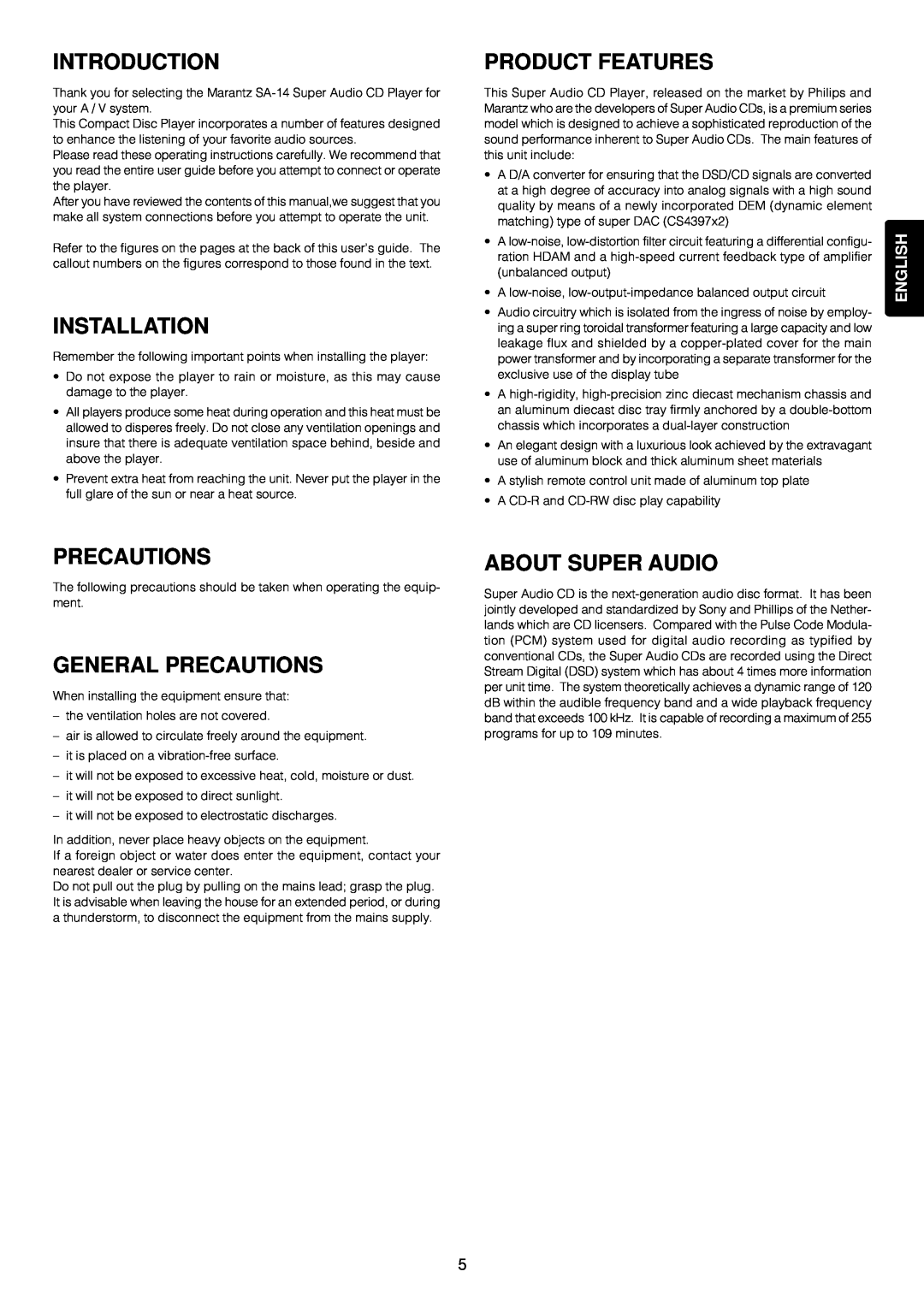 Marantz SA-14 manual Introduction, Installation, Product Features, General Precautions, About Super Audio, English 