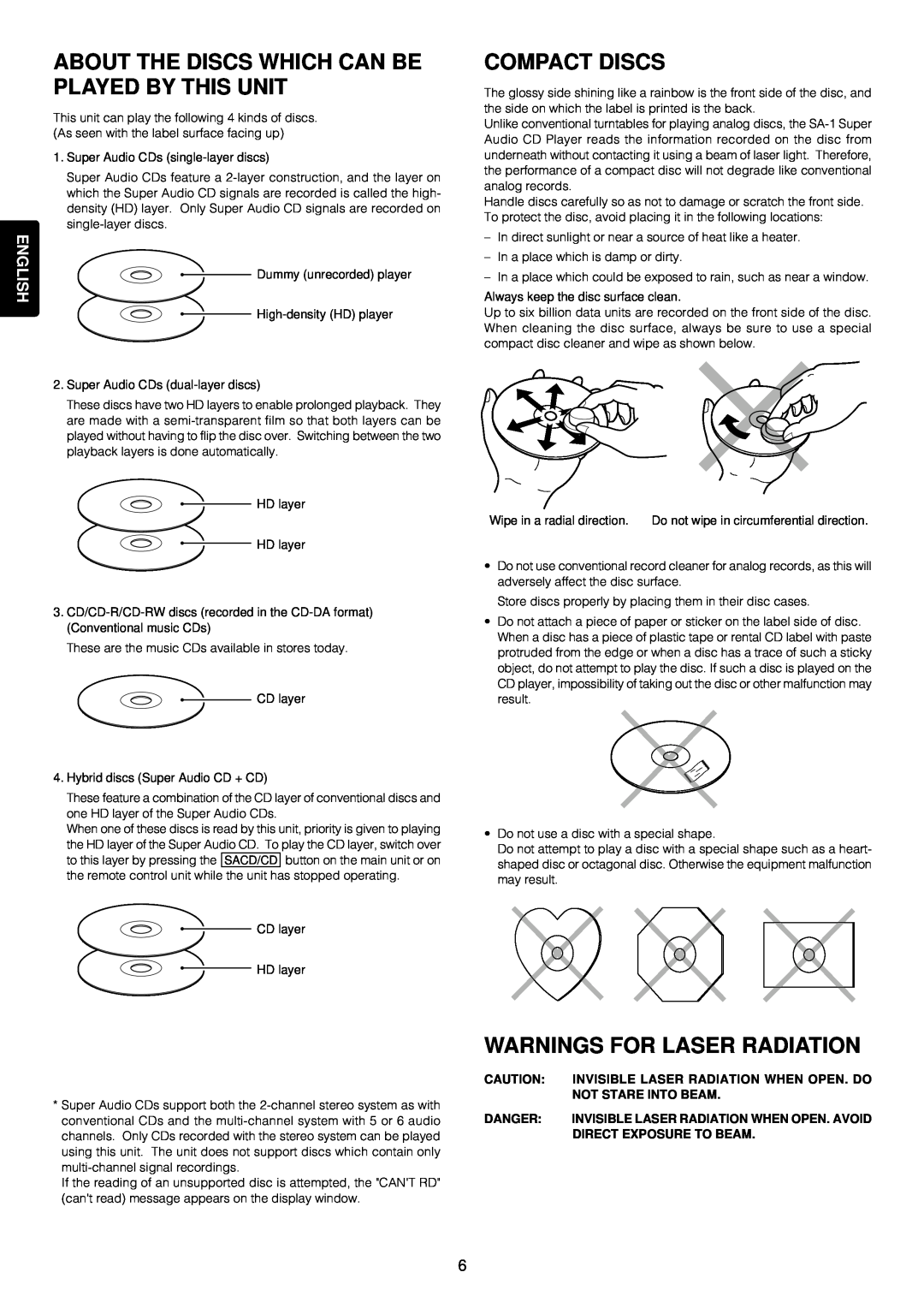 Marantz SA-14 manual About The Discs Which Can Be Played By This Unit, Compact Discs, Warnings For Laser Radiation, English 