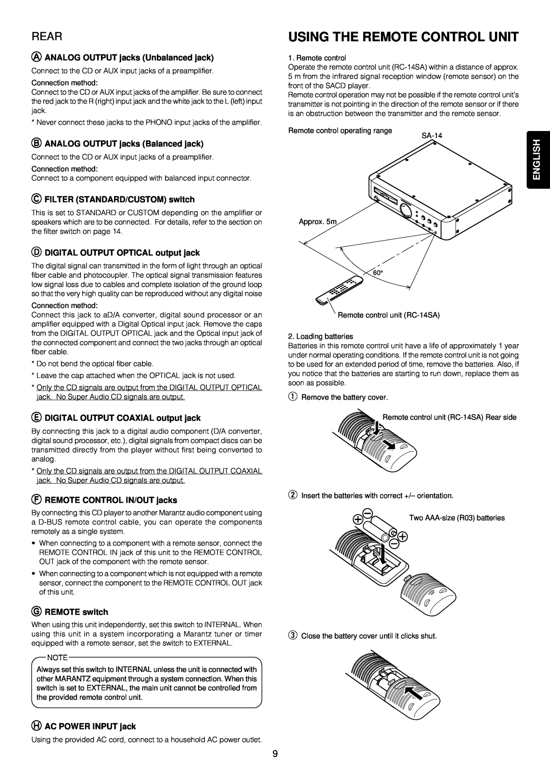 Marantz SA-14 manual Using The Remote Control Unit, Rear, English, AANALOG OUTPUT jacks Unbalanced jack, GREMOTE switch 