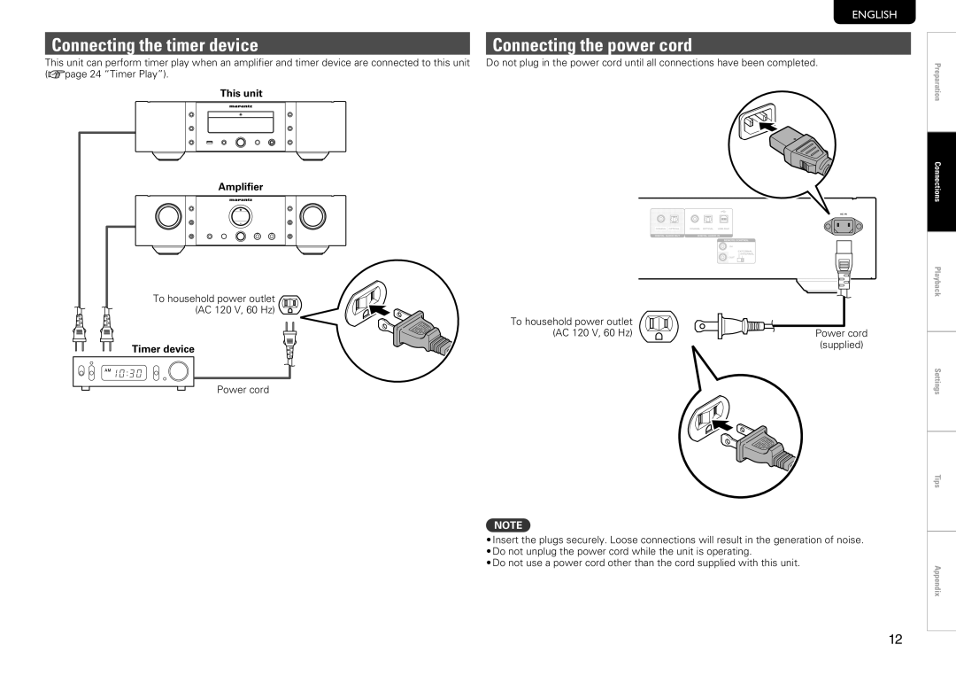 Marantz SA-14S1 owner manual Connecting the timer device, Connecting the power cord, This unit Amplifier, Timer device 