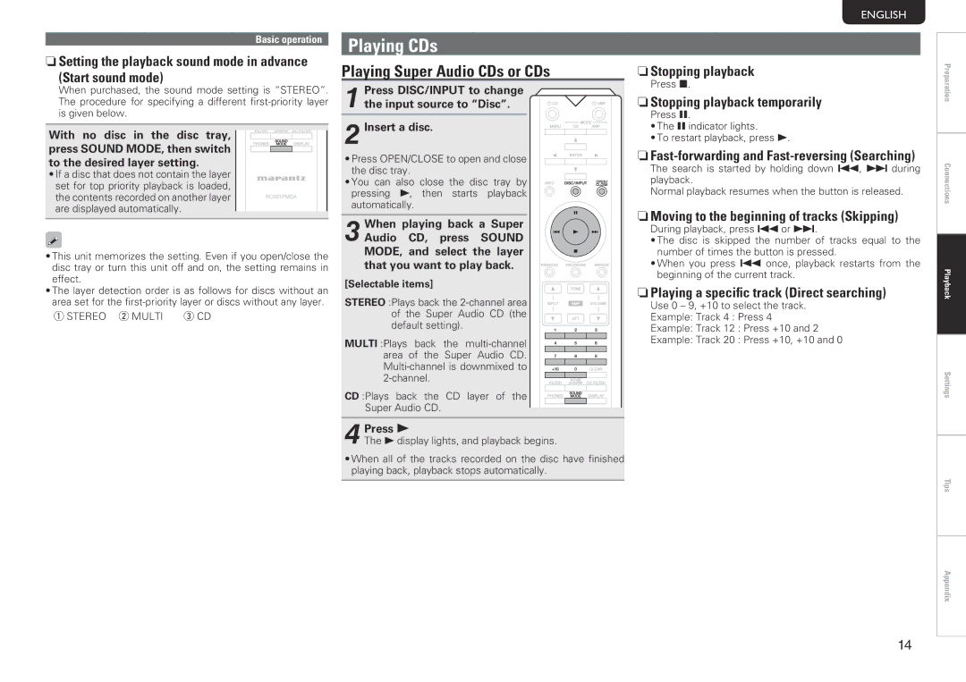 Marantz SA-14S1 owner manual Playing CDs, Playing Super Audio CDs or CDs 