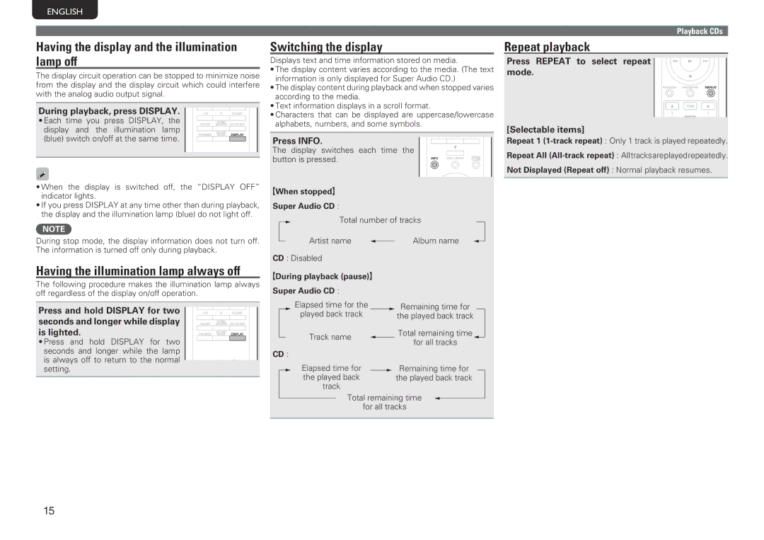 Marantz SA-14S1 owner manual Having the display and the illumination lamp off, Switching the display, Repeat playback 