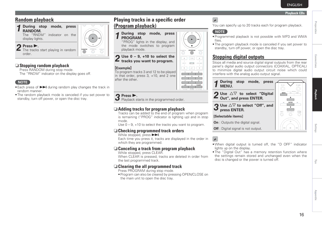 Marantz SA-14S1 owner manual Random playback, Playing tracks in a specific order Program playback, Stopping digital outputs 