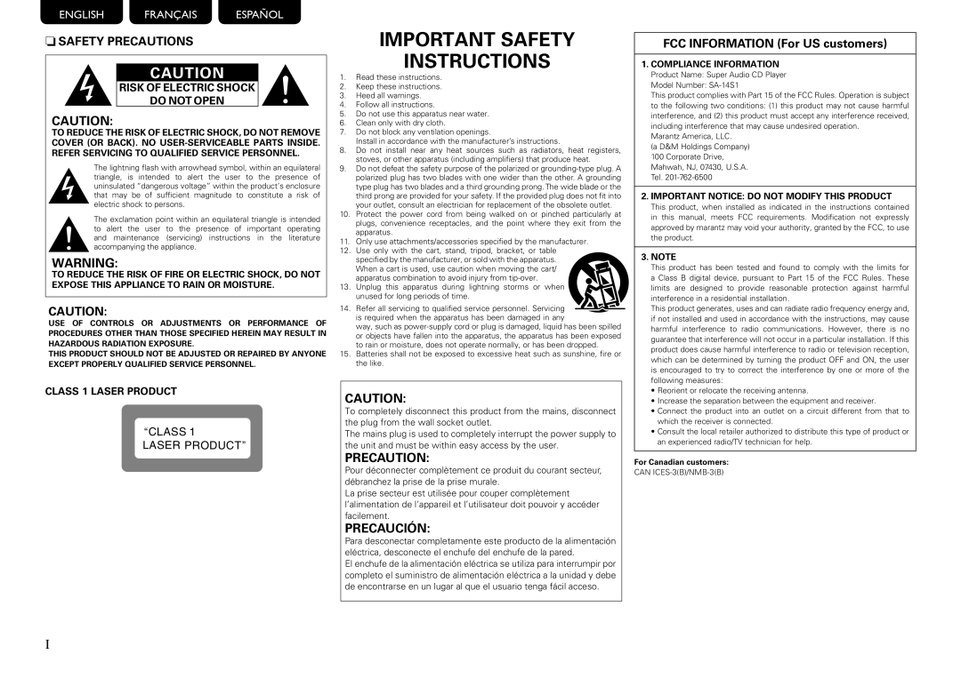 Marantz SA-14S1 owner manual Important Safety Instructions 