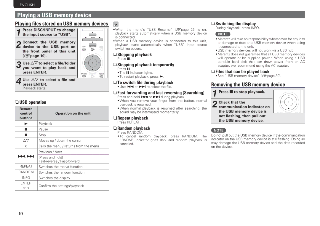 Marantz SA-14S1 owner manual Playing a USB memory device, Removing the USB memory device 