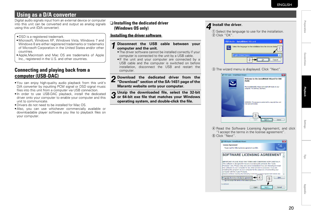 Marantz SA-14S1 Using as a D/A converter, Connecting and playing back from a computer USB-DAC, Install the driver 