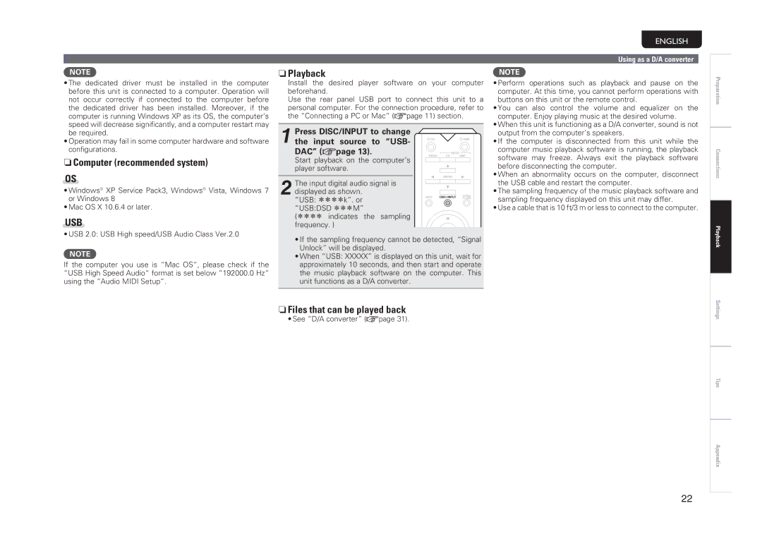 Marantz SA-14S1 owner manual NnComputer recommended system, NnPlayback 