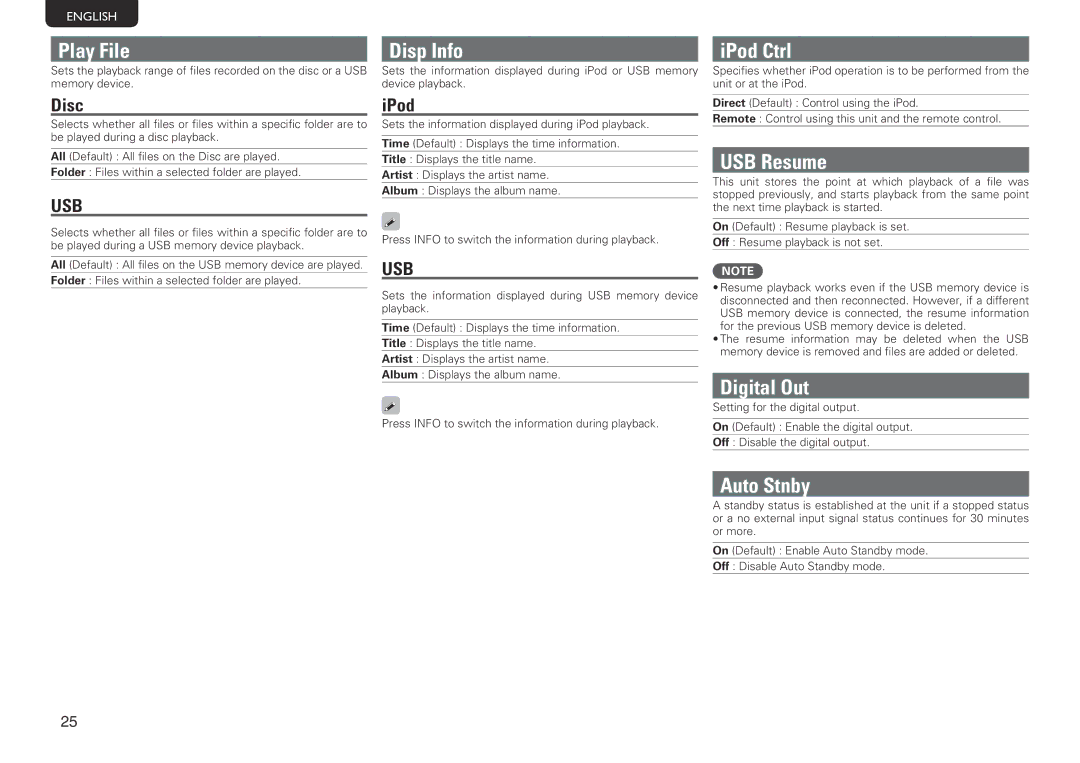 Marantz SA-14S1 owner manual Play File, Disp Info, IPod Ctrl, USB Resume, Digital Out, Auto Stnby 