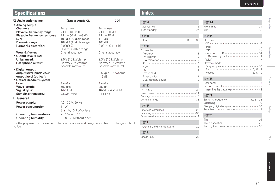 Marantz SA-14S1 owner manual Specifications, Index, Nn Audio performance 