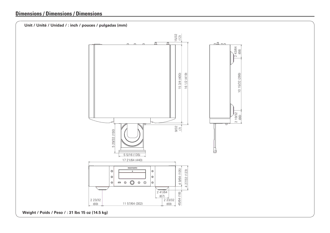 Marantz SA-14S1 owner manual Dimensions / Dimensions / Dimensions, Unit / Unité / Unidad / inch / pouces / pulgadas mm 