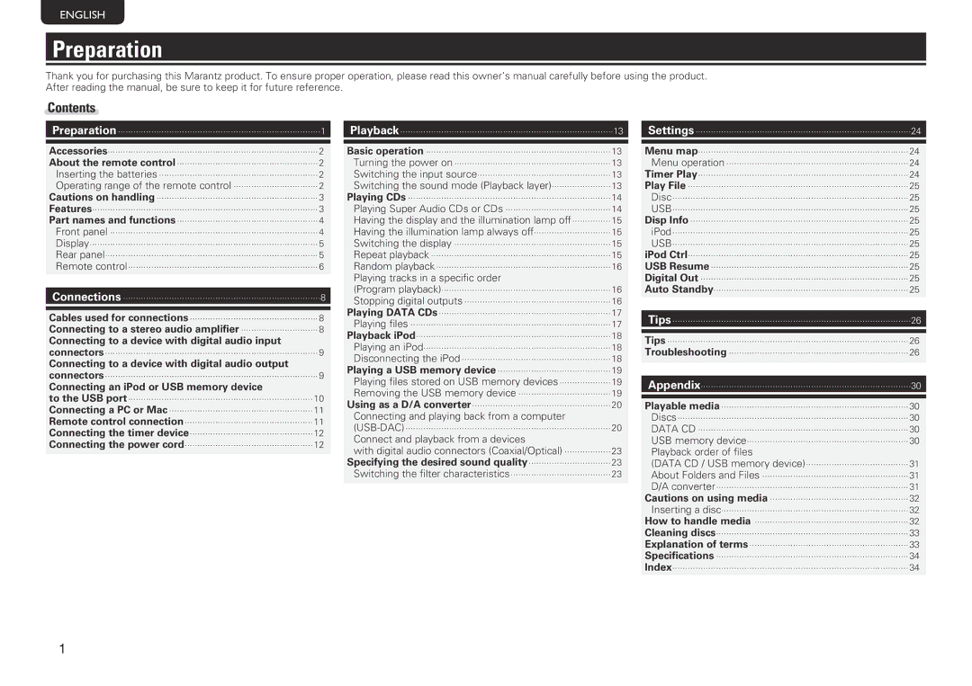 Marantz SA-14S1 owner manual Preparation, Contents 