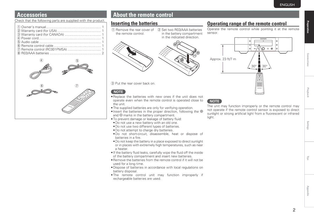 Marantz SA-14S1 Accessories, About the remote control, Inserting the batteries, Operating range of the remote control 