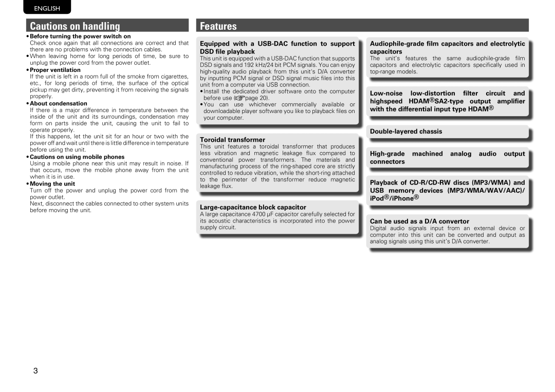 Marantz SA-14S1 owner manual Features, Toroidal transformer, Large-capacitance block capacitor 