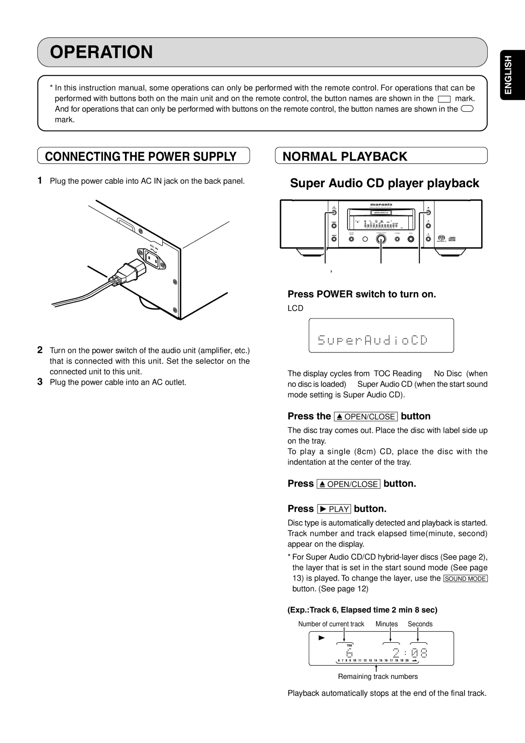 Marantz SA-15S1 manual Operation, Connecting the Power Supply, Normal Playback, Super Audio CD player playback 