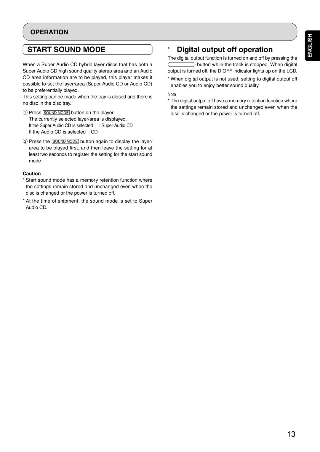 Marantz SA-15S1 manual Start Sound Mode, Digital output off operation 