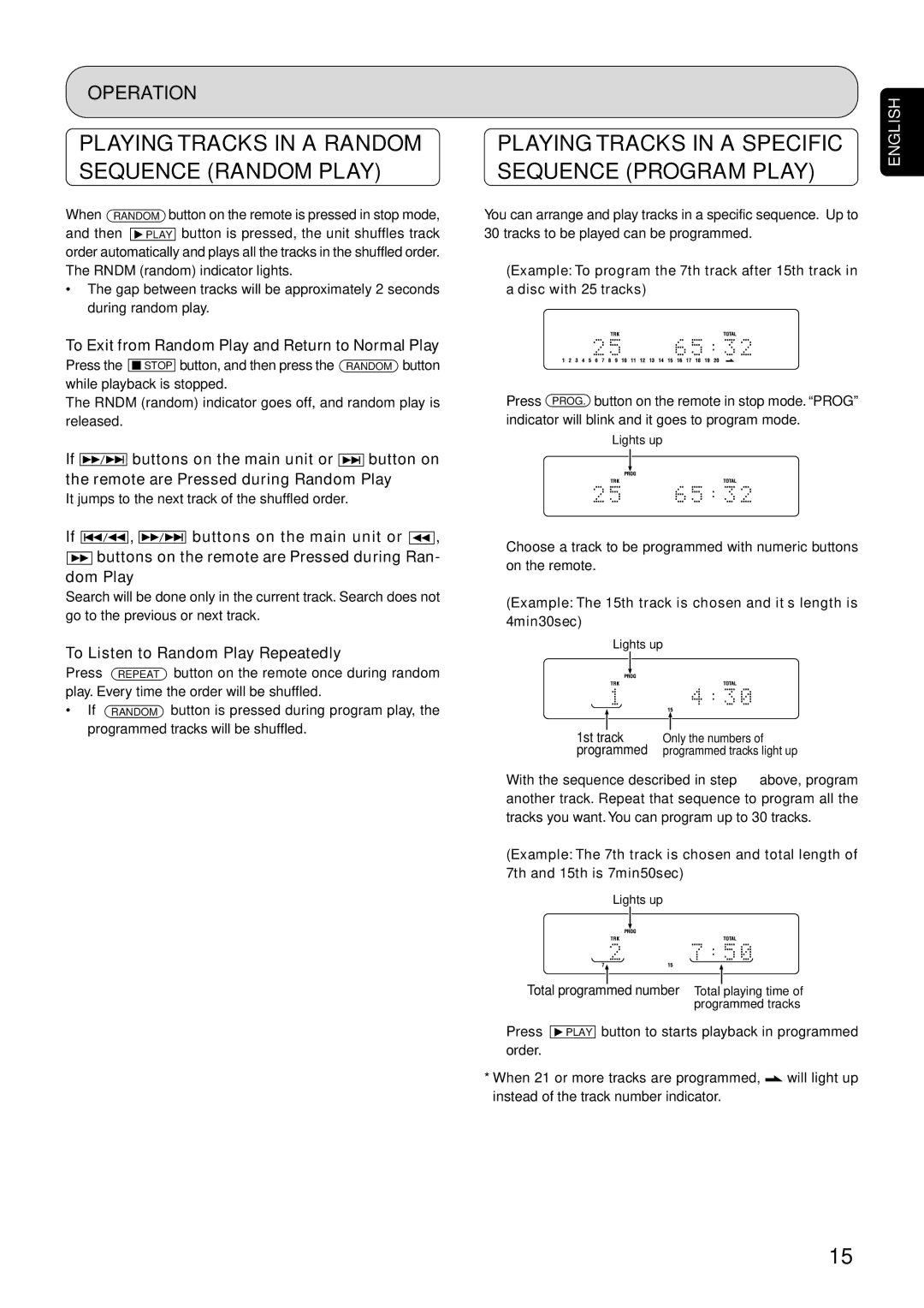 Marantz SA-15S1 Playing Tracks in a Specific, Sequence Program Play, To Exit from Random Play and Return to Normal Play 