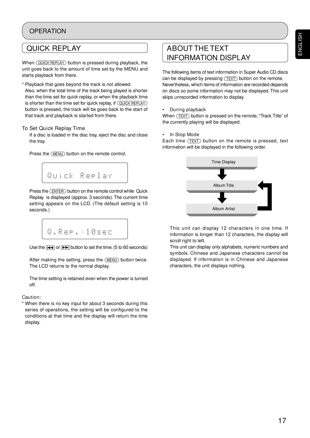 Marantz SA-15S1 manual About the Text Information Display, To Set Quick Replay Time, During playback, Stop Mode 