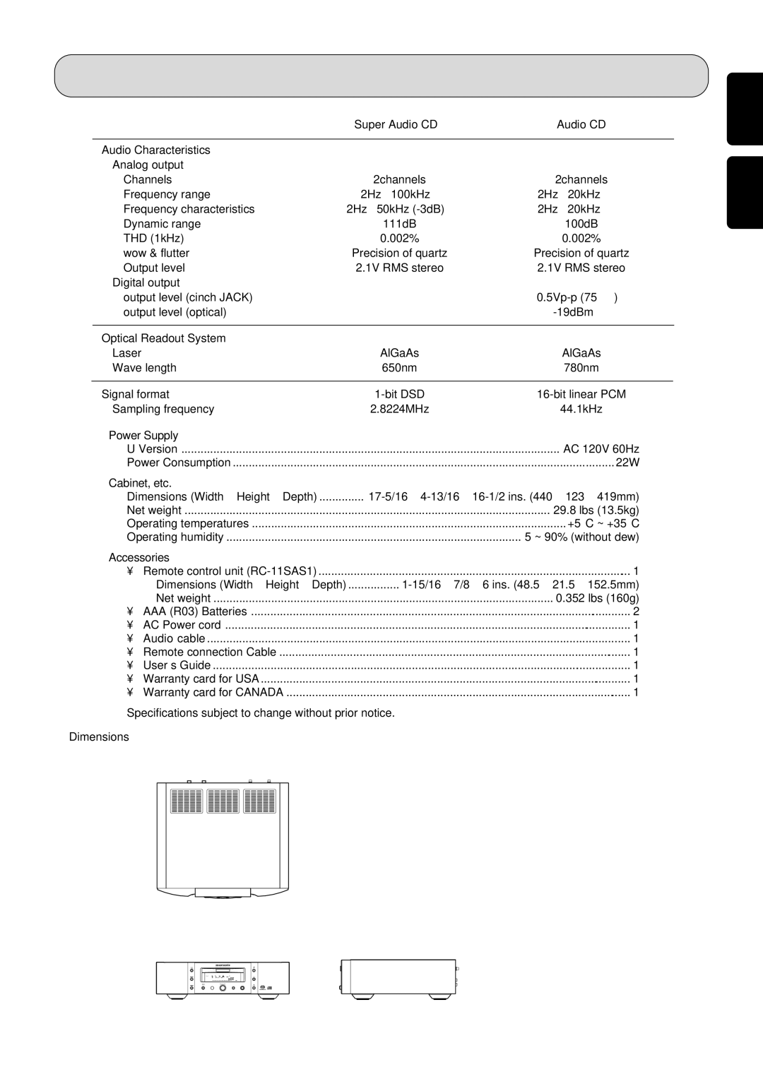 Marantz SA-15S1 manual Specifications, Power Supply, Cabinet, etc, Accessories, Dimensions 