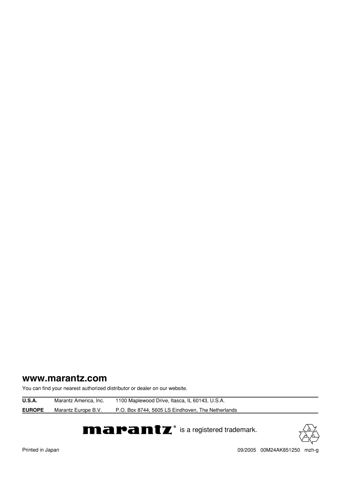 Marantz SA-15S1 manual Is a registered trademark 