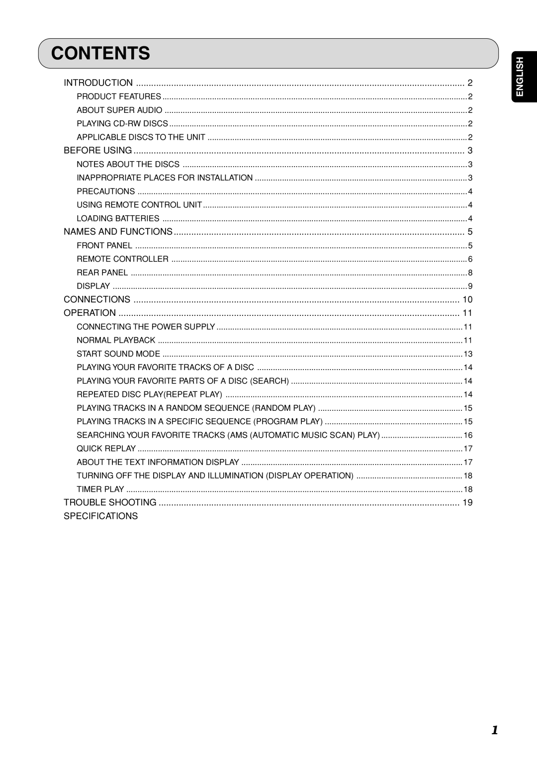 Marantz SA-15S1 manual Contents 