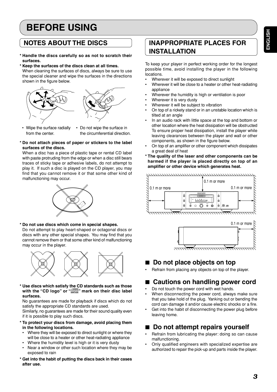 Marantz SA-15S1 manual Before Using, Inappropriate Places for, Installation, Do not place objects on top 