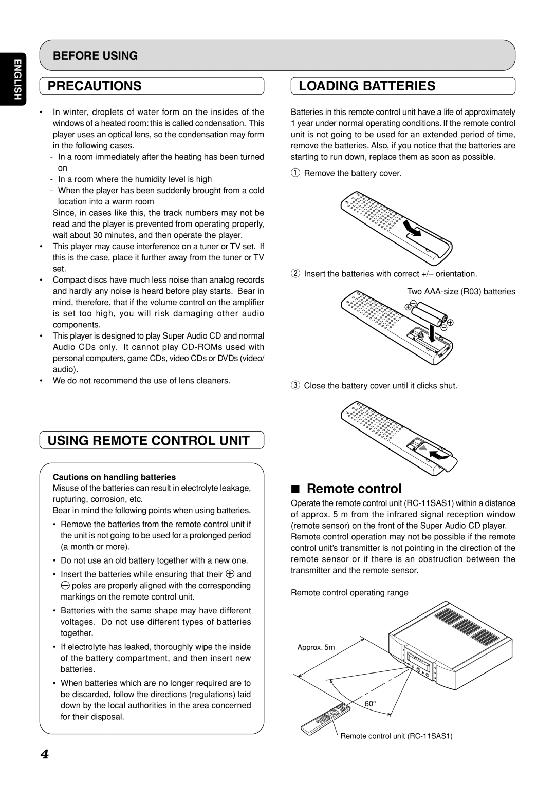 Marantz SA-15S1 manual Precautions, Loading Batteries, Using Remote Control Unit, Remote control 