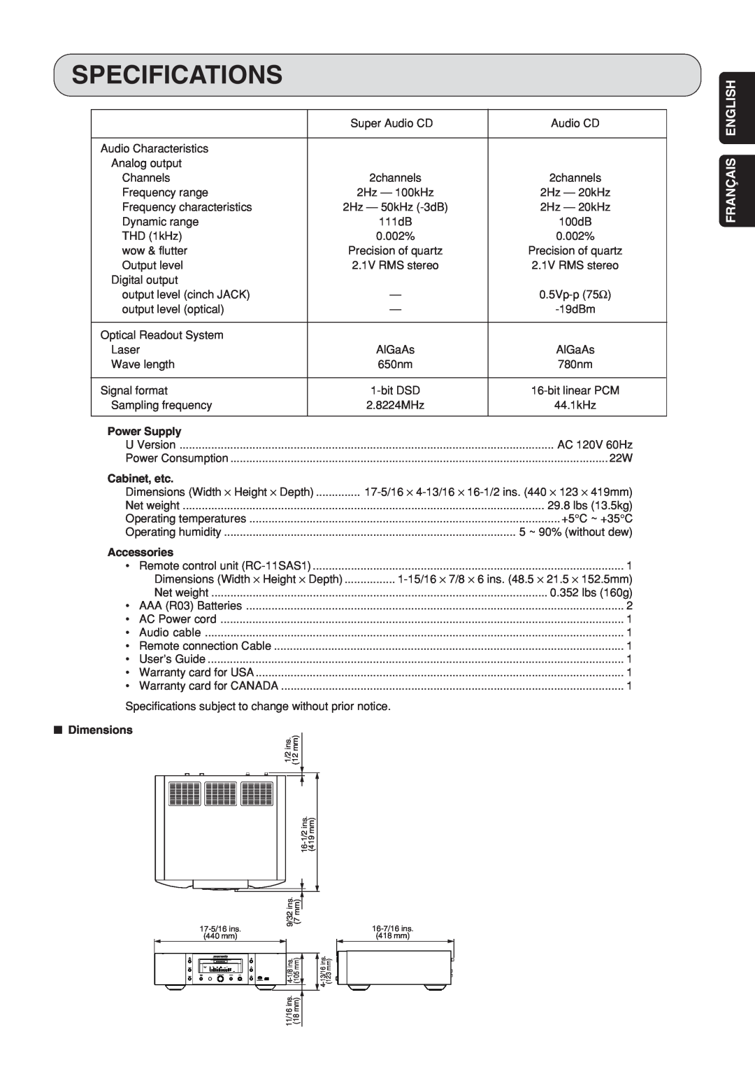 Marantz SA-15S1 manual Specifications, Français English, Power Supply, Cabinet, etc, Accessories, Dimensions 