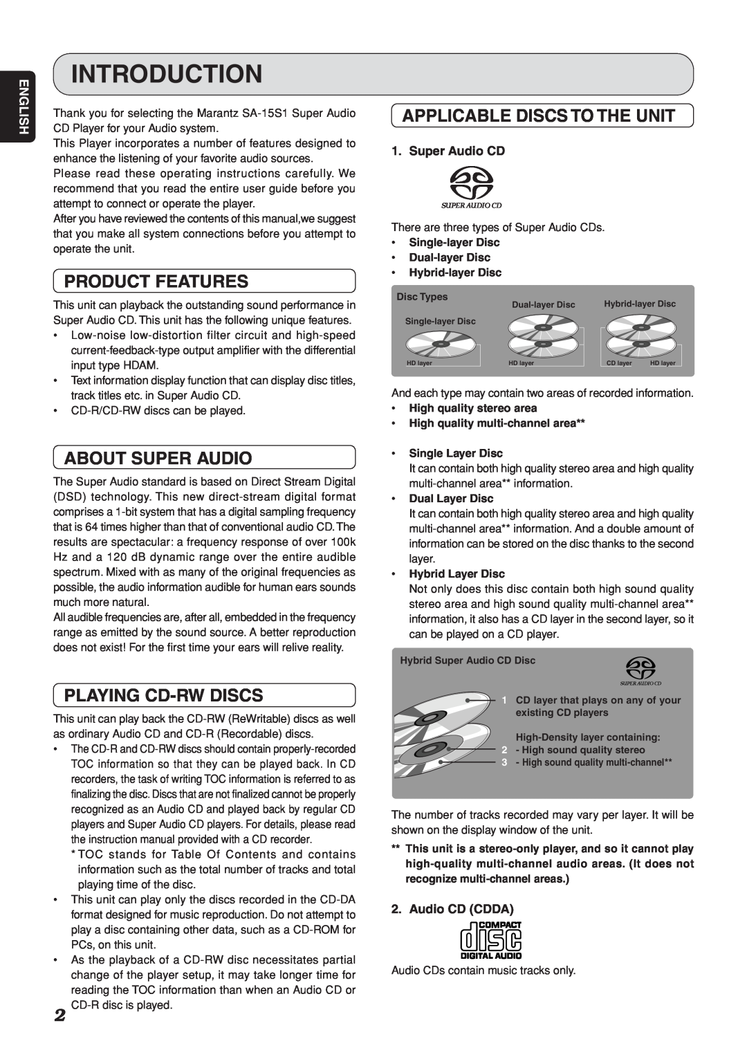 Marantz SA-15S1 manual Introduction, Applicable Discs To The Unit, Product Features, About Super Audio, Playing Cd-Rwdiscs 
