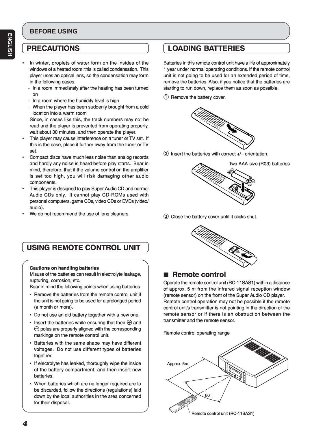 Marantz SA-15S1 manual Precautions, Loading Batteries, Using Remote Control Unit, 7Remote control, Before Using, English 